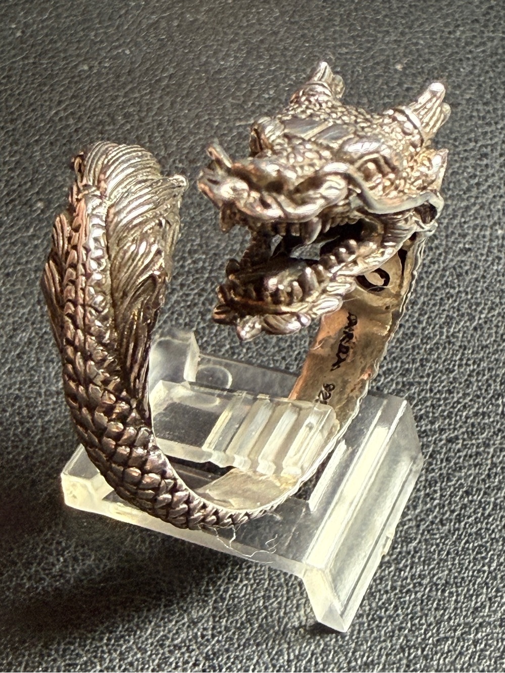 RARE SARDA Sterling Ball Handmade Dragon Bi Pass Adjustable Ring Size 10.5